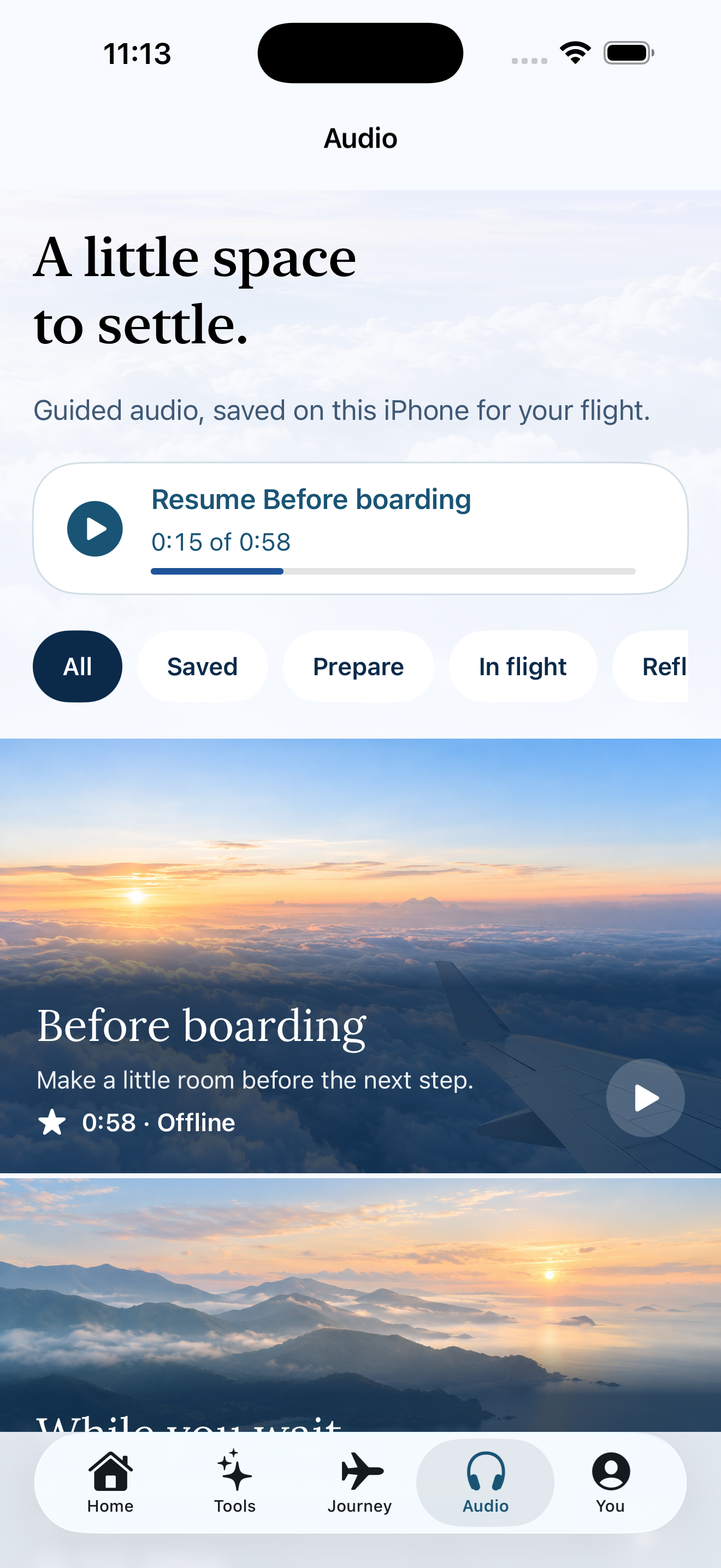 CabinCalm’s guided audio library, with sessions for different flight moments