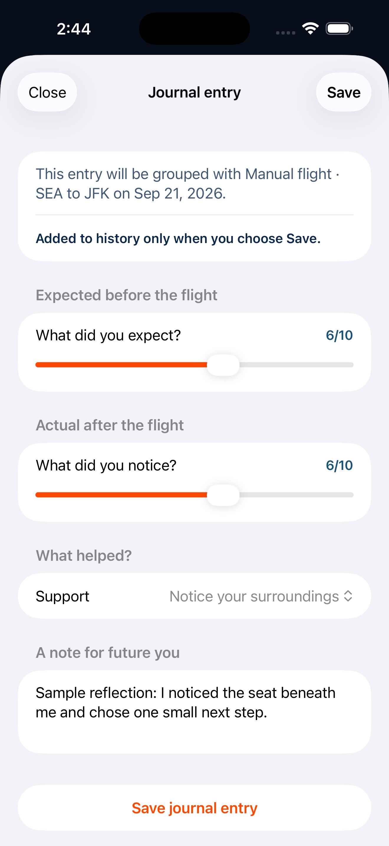 A private after-flight journal with space to reflect on what helped
